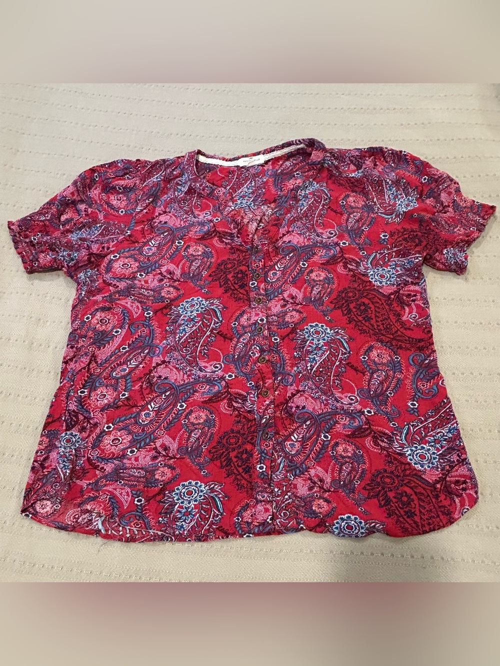 Mason & Belle Short Sleeve Boho Paisley Colorful Button Up Women's Size L Blouse